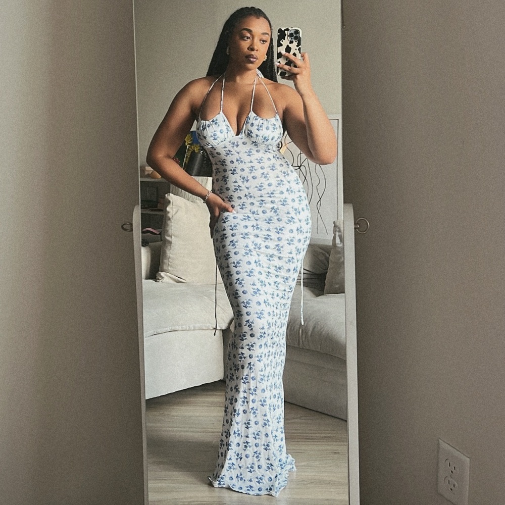 Amazon White and Blue Floral Maxi Dress